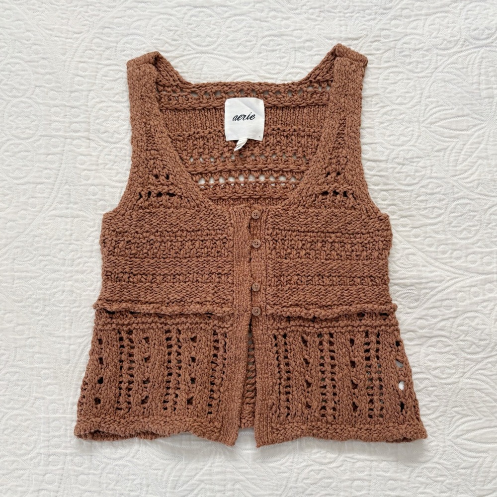 Aerie Crochet Knit Sweater Vest, Brown Sz S